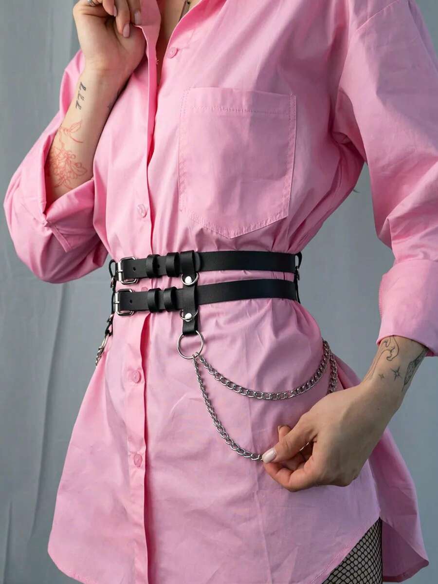 1pc Fashion Double-Layered PU Leather Belt For Women, Featuring A Single-Layer Chain Design, Perfect For Pairing With Casual Wear And Accentuating The Figure. - 彩色 - 查看 1