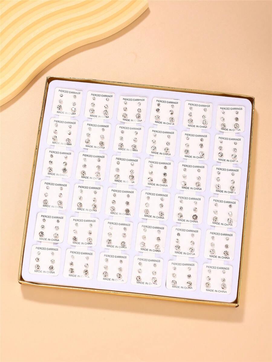 108颗/盒 简约透明水晶耳钉套装，适合女性日常佩戴和送礼 - 無色 - 查看 1