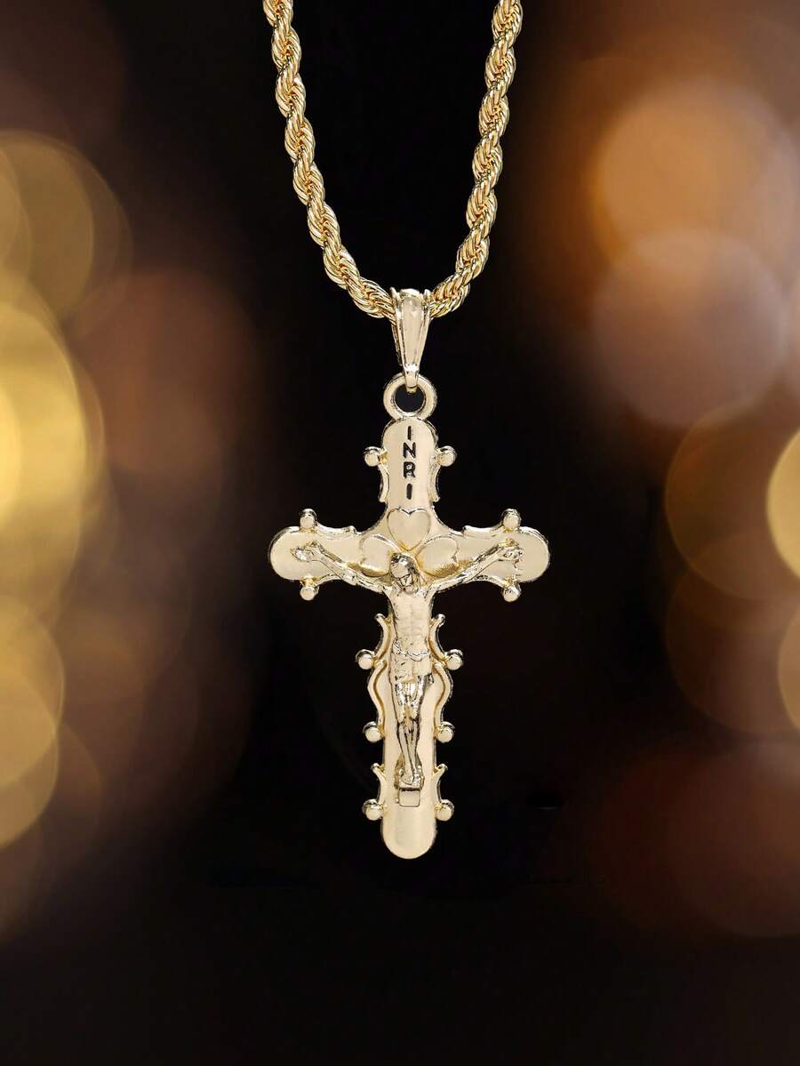 1pc 18K YS Jesus Cross Pendant Necklace, Hip-Hop Punk Style Jewelry, Suitable For Men's Women's Daily Wear - Gold - View 1