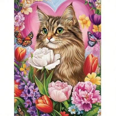 1件装[30*40厘米/11.8*15.7英寸]5D亚克力钻石画套装，猫咪和花卉图案，适合成人初学者DIY马赛克钻石画，全钻手工DIY钻石画，适合客厅、卧室、办公室墙面装饰，惊喜艺术家居装饰礼物，送给家人和朋友，无框