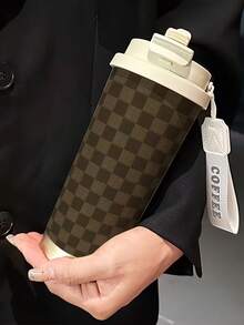 1pc 18oz Stainless Steel Insulated Travel Mug. Brown Plaid Themed Print. Comes With Hand Strap. Comes With A Straw. Outdoor Cup. Travel Mug. Coffee Cup. Birthday Gift. Christmas Gift. Halloween Gift. - Multicolor - View 5