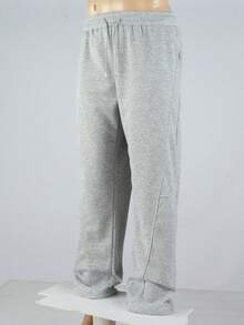 男士纯色抽绳腰带口袋休闲宽松运动裤，宽松灰色运动裤 - 淺灰色 - 查看 3