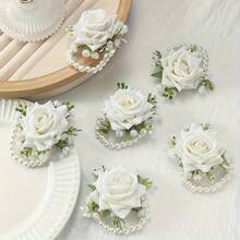 6 piezas Pulsera de flores de rosa blanca para novia y fiesta, adecuada para boda, aniversario, cena de gala - Ver 3