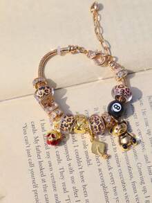 1pc Back To School Leopard Print Bear Charm Bracelet, Street Fashion Star Bracelet, Graduation Doctoral Cap Bracelet, Renaissance Style Bear Bracelet, Dark Skeleton Charm Bracelet - Silver - View 4