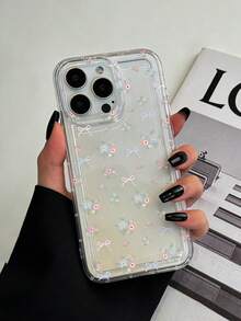 1个少女风碎花蝴蝶结TPU防震精准开孔透明全包保护壳，兼容 11-17 Pro Max系列，适合作为情人节礼物送给朋友、家人、女朋友，创意图案手机壳 - 彩色 - 查看 3