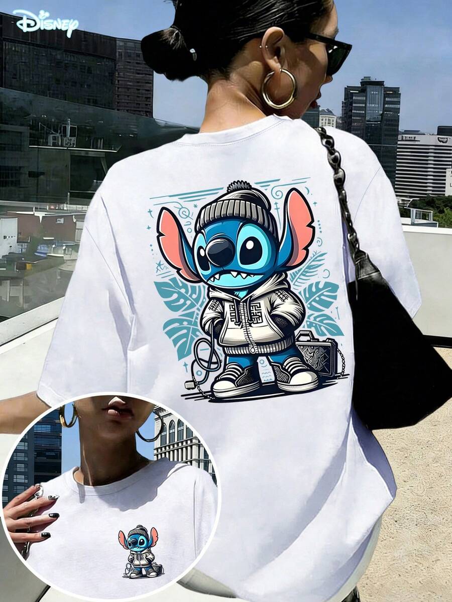 Disney Streetwear Stitch T-Shirt: White Oversized Cotton Tee With Retro Double-Sided Graphic, Perfect For Lilo & Stitch Fans, Casual Wear And Gift - 白色 - 查看 1