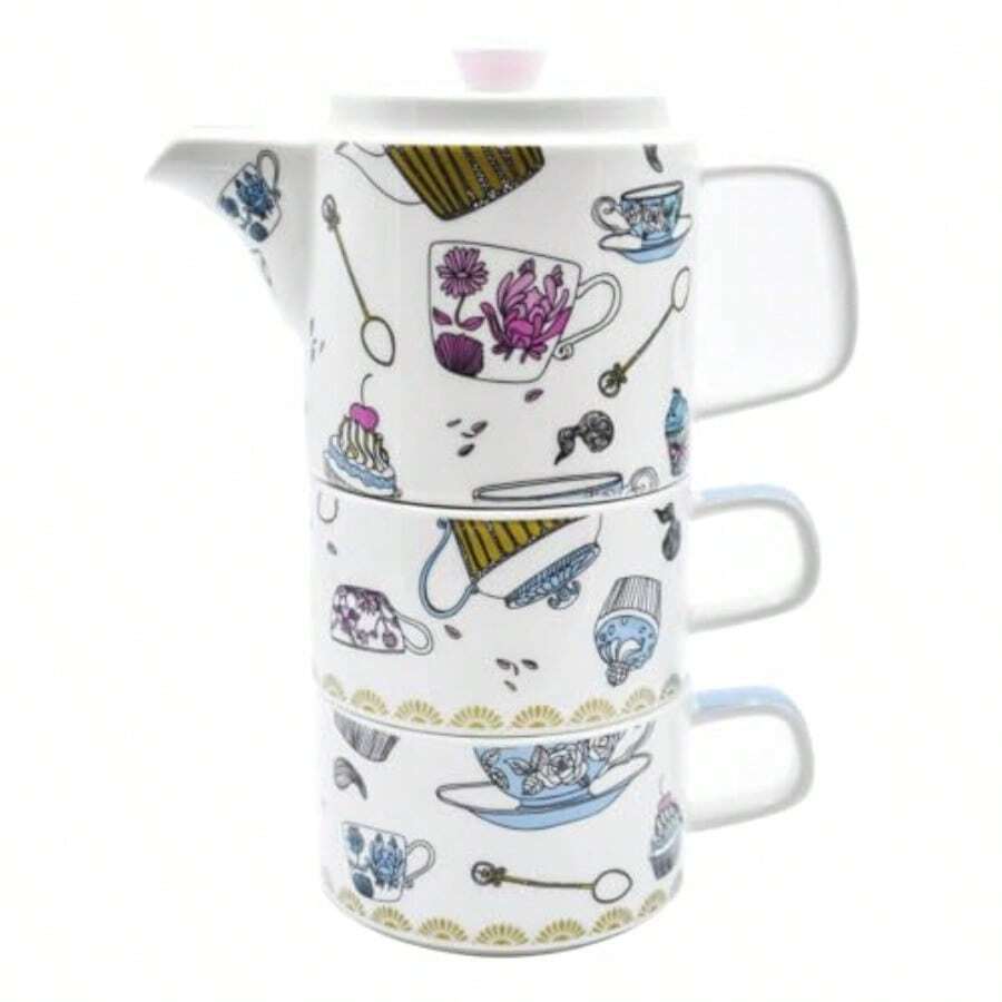 FUNKIDS 1724-20 Set Tetera Con Tapa y 2 Tazas De Porcelana Apilables Juego de Té para 2 Personas Estilo Vintage con Decoración de Cupcakes Capacidad 450 mililitros con Caja de Regalo - Multicolor - Ver 1