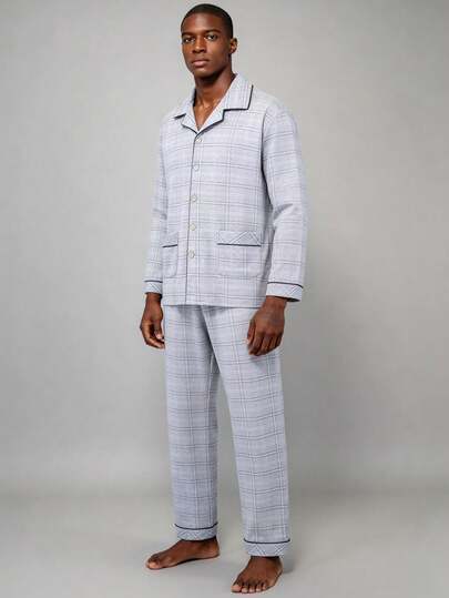 Snug League 一套男士格子图案撞色滚边长袖上衣和裤子家居服套装，适合春秋季穿着，透气吸汗，秋冬服装