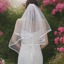 2pcs Bride Silver Crystal Crown & White Veil Set, Minimalist Full Circle Crown Double-Layer Veil Set For Wedding, Party, Event - White - View 6