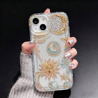 1 Stück buntes Galaxy Sonne & Mond Muster stoßfeste transparente weiche Handyhülle, passend für Apple 17, 16, 15, 14, 13, 12, 11 Plus Pro Max Serie, modischer minimalistischer Vollschutz Handyschutzhülle