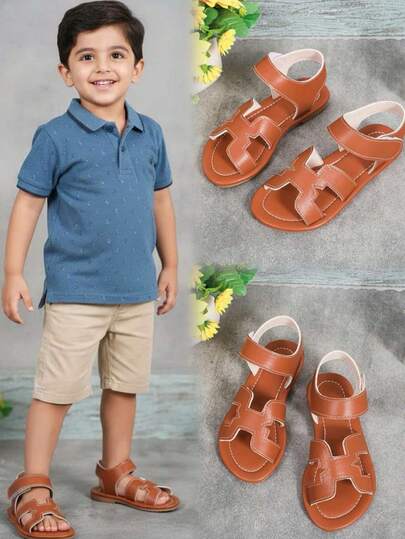 1 Pair Brown Toddler Boys/Girls Flat Sandals, Non-Slip Rubber Soft Bottom, Hook And Loop Design, Round Toe, Suitable For 3-15 Years Old Children, Daily, Travel, Beach, 2026 Spring/Summer New