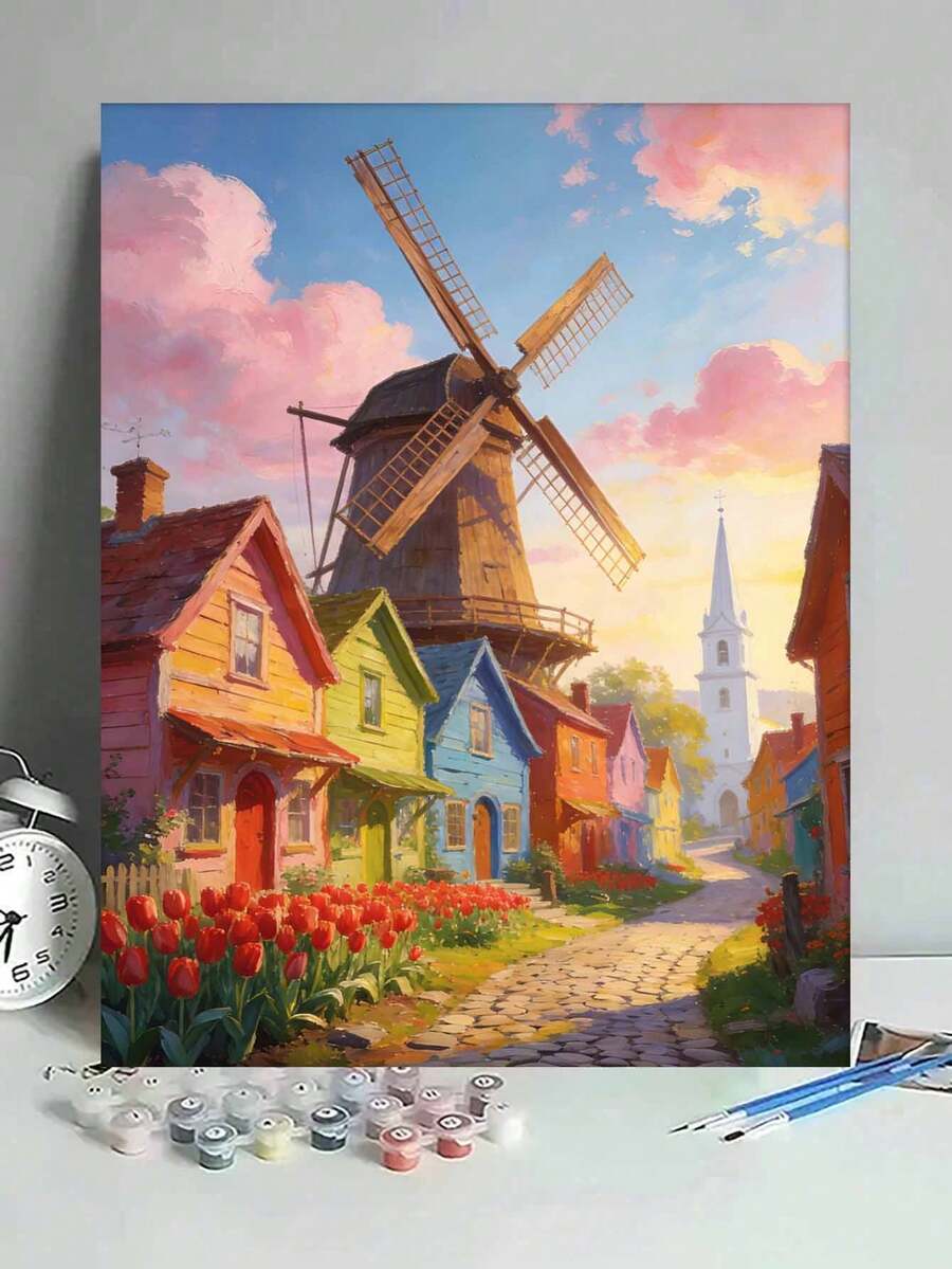 40x50厘米/16x20英寸 彩色乡村风车日落 DIY数字油画,帆布材质,手工艺术品,家居装饰,节日礼物 - 40*50厘米 - 查看 1