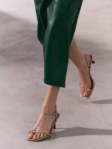 Square Toe Minimalist Sexy Thong Sandals, Buckle Strap Thin Heels, Elegant Lady Style, Spring - Beige - View 2