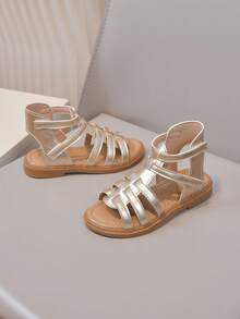 1 Pair Girls' Summer Casual Minimalist Vacation Style Outdoor Open Toe Flat Roman Sandals - Champagne - View 2