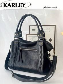 新款女士手提包 水洗皮革托特包 大容量钱包 复古单肩包 女士黑色旅行包 - 黑色 - 查看 9