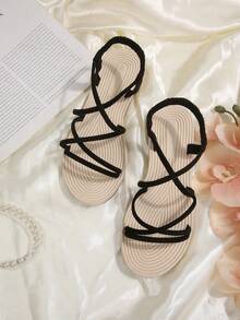 Dép xăng đan đế bằng co giãn thời trang mới dành cho nữ, kiểu dáng đi biển, kiểu đan chéo. - màu đen - Xem 3