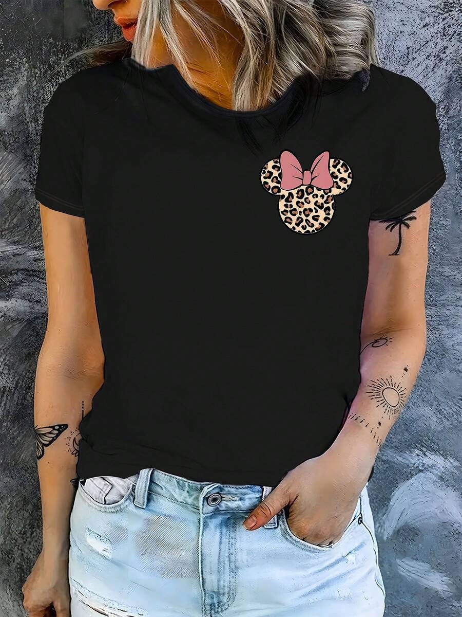 Disney Women'S Short-Sleeve T-Shirt With Double-Sided Printing, Featuring A Cartoon Image Of Minnie Mouse From Disneyland. This Casual And Stylish Round-Neck Tee Is Slightly Stretchy, Non-Transparent, Made From Easy-Care Material - Black - View 1