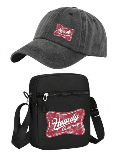1pc/2pcs Creative "Howdy Cowboy" Slogan Design Print Unisex Vintage Washed Baseball Cap And Bag, Adjustable, Personalized Streetwear Fashion, Suitable For Work, Campus, Outdoor Sports, Travel, Casual Wear, Gift For Yourself Or Friends