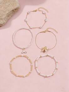 5pcs Delicate Starfish & Mermaid Tail Pendant Bead Chain Multilayer Anklet, Suitable For Teenagers And Daily/Vacation Wear, Random Bead Quantity - Multicolor - View 3