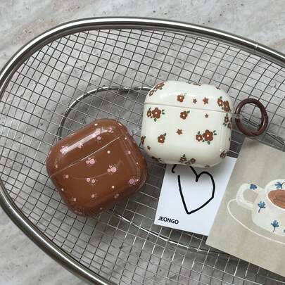 Flower Korean Style Minimalist Brown & White Floral Earphone Case With Hanging Ring, Cute Protective Cover Compatible With Apple Pro 2, Pro, 4, 3, 1/2, Suitable For Women