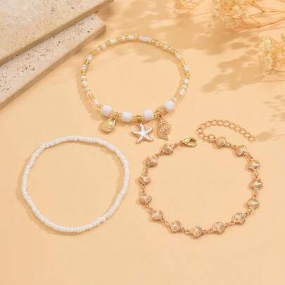 Bộ 3 vòng chân bằng đất sét mềm kiểu dáng đại dương mùa hè, mặt dây chuyền hình sao biển, vỏ sò, ốc xà cừ ngẫu nhiên, trang sức chân thủ công bằng vỏ sò vàng thời trang, thích hợp để đeo hàng ngày, trang trí và đi nghỉ mát ở bãi biển.