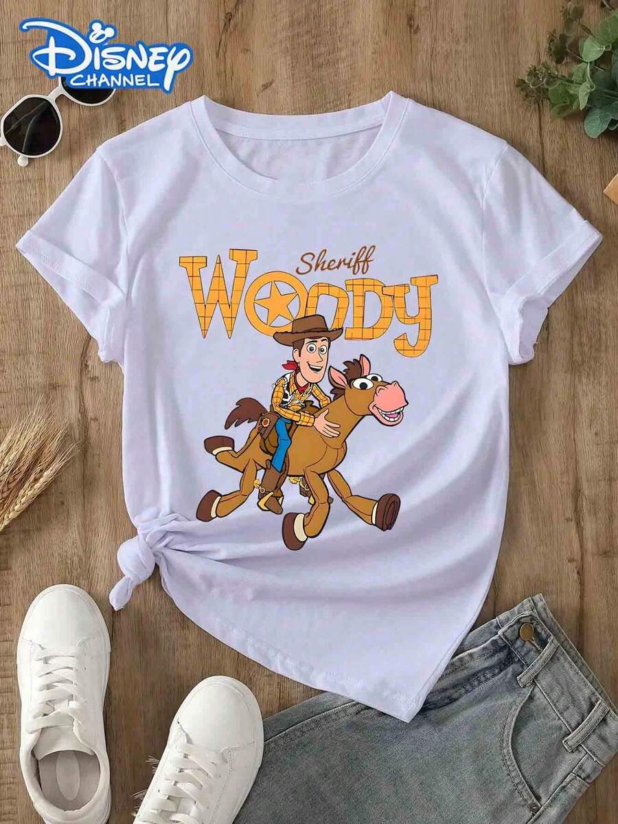 Disney Lady's T-Shirt, Featuring The CartoonLocalPattern Of Character Woody From Toy Story. This Is ASummer-Style Women's Round-Neck T-Shirt. TheFabric Is Soft, Comfortable And Breathable, Making ItSuitable For Daily Wear, Going Shopping, Traveling,Parties, And At Home. It Is Also An Excellent Gift ThatEvery Lady Can Deserve To Own. - White - View 1