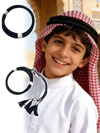 1pc Arabic Headscarf With Matching Headband, Durable Woven Tassel Design, Muslim Headwear, Middle Eastern Traditional Headscarf & Headband, Durable Woven Style, Boy's Headscarf Fixation Headband, Middle Eastern Clothing Accessory