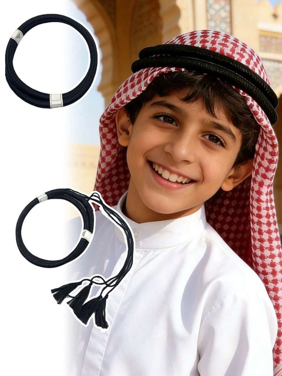 1pc Arabic Headscarf With Matching Headband, Durable Woven Tassel Design, Muslim Headwear, Middle Eastern Traditional Headscarf & Headband, Durable Woven Style, Boy's Headscarf Fixation Headband, Middle Eastern Clothing Accessory - Black - View 1