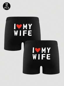 2pcs Men's Black Letter & Heart Print Briefs, Elastic Comfortable Everyday Underwear - Black - View 1