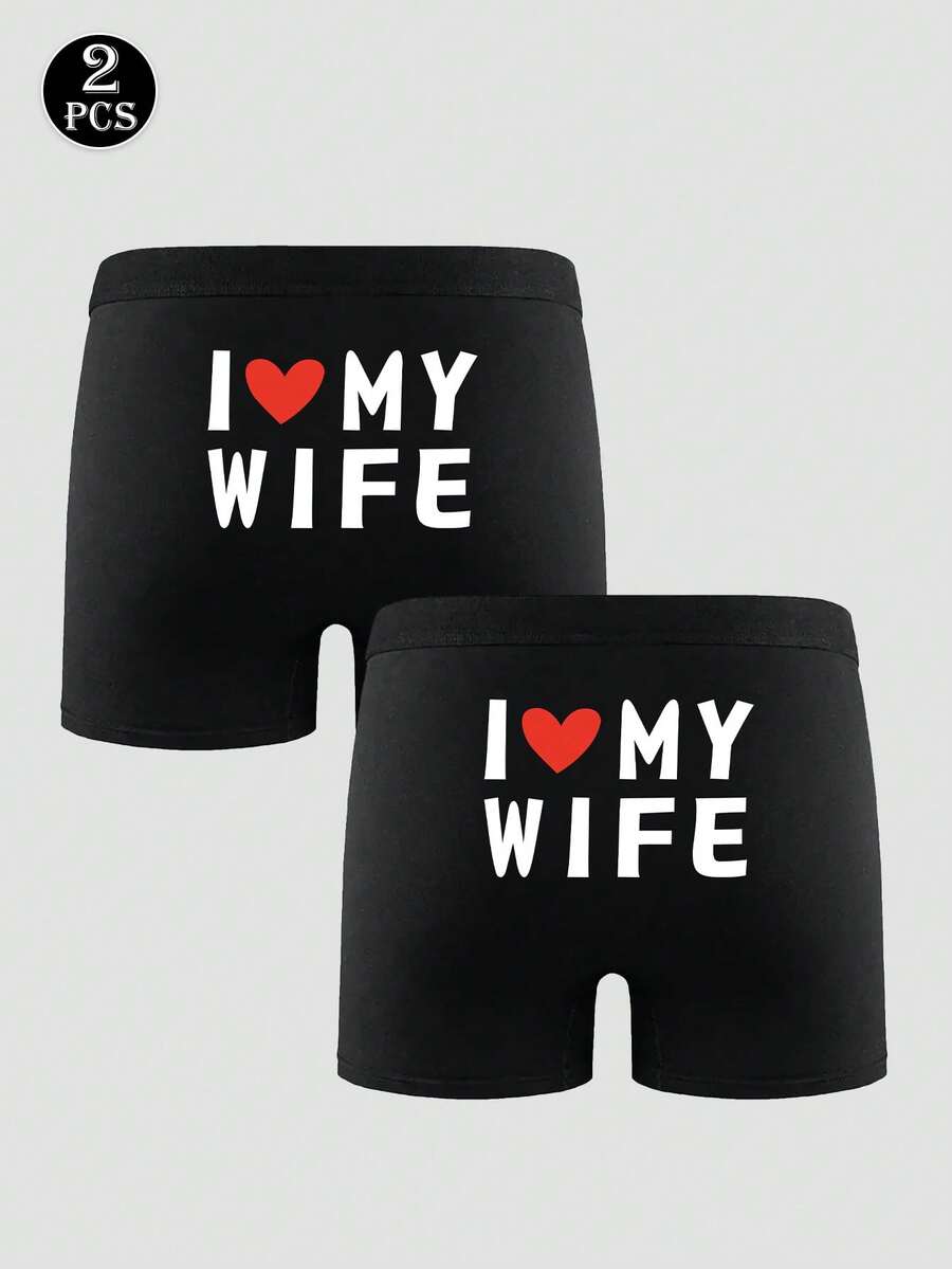 2pcs Men's Black Letter & Heart Print Briefs, Elastic Comfortable Everyday Underwear - Black - View 1