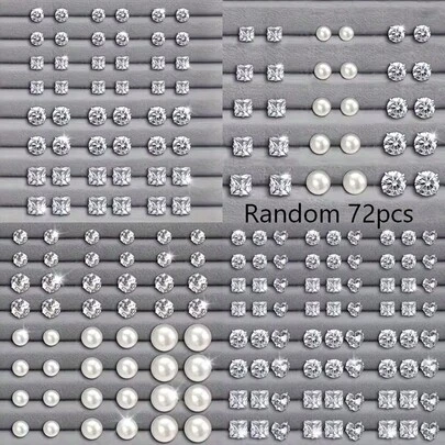 24/48/72pcs Unisex Silver Stud Earrings Set (Round/Heart/Square) | Luxury Sparkling Elegant | Daily Wear, Banquets & Parties (Without Box)