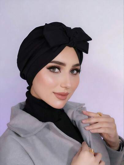 1pc Women's Classic Solid Color Bow Turban, Chemotherapy Underscarf, High Elasticity, Pleated Design, Anti-Slip, Breathable, Multi-Layer Pleats, Perfectly Matches Hijab, Soft & Comfortable Modal Knit Fabric, Suitable For Daily Wear