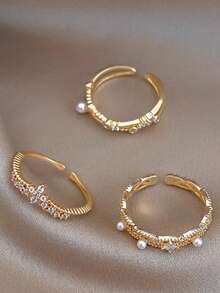 3pcs/Set Copper Faux Pearl Criss-Cross Crown Rings Set, Minimalist Adjustable Open Rings Suitable For Women's Daily, Commute, Party, Date Wear - Yellow Gold - View 3