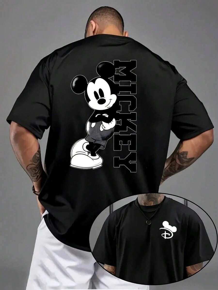 Disney Official Licensed Mickey Mouse Black & White Vertical Double-Sided Graphic T Shirts 100 Percent Cotton Disney Shirt 220g Unisex - Black - View 1