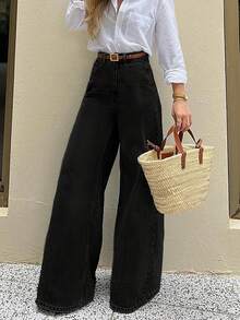 Quần jeans cạp cao phong cách American Baddie, quần jeans ống đứng dáng rộng kiểu retro dành cho nữ, màu đen casual phù hợp mọi mùa. - màu đen - Xem 4