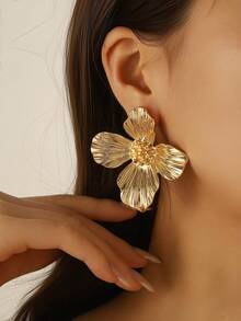 1 Pair Exaggerated Lily Flower Brass Earrings, Summer Beach Style For Women & Girls - Multicolor - View 1