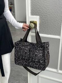 时尚豹纹大容量手提包，女士单肩包，带双口袋，简约设计 - 黑色 - 查看 12