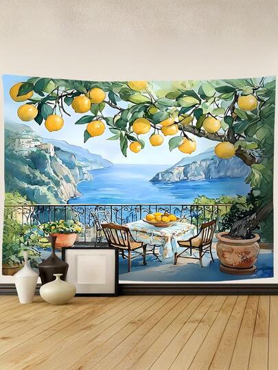 1pc Lemon & Fishing Boat Pattern Tapestry, Ocean Style Wall Decor Hanging Cloth, Suitable For Bedroom Headboard Wall