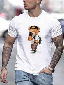 Camiseta de manga corta con estampado de oso de dibujo animado para hombres, adecuada para el trabajo, verano - Blanco - Ver 6