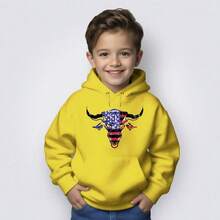 Kids' Kangaroo Hoodie Sweatshirt With Bull Print - USA Agro Country Shopping - 24-Hour Shipping - 黃色 - 查看 2