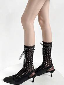 1 Pair Summer Women's Lace Hollow Mesh Mid-Calf Socks, Breathable Thin Floral Lace-Up Lolita JK Style Bow Tie Socks - Multicolor - View 4