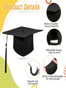 1 pièce/5 pièces Toque de graduation noire 2026 avec gland, chapeau pour adulte avec impression par sublimation, bord élastique, réglable mat unisexe pour cérémonie de remise de diplôme de bachelier ou de master - A - Voir 5