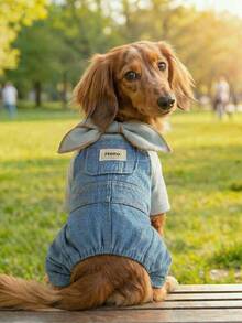 1pc Pet Clothes, Cute 4-Leg Outfit, Durable & Washable Apparel For Small/Medium Dogs, Bow Tie Collar & Suspender Pants - Blue - View 1