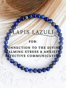 4毫米青金石手链，舒缓压力和焦虑，疗愈水晶灵气能量饰品。沟通之石，蓝色宝石 - 藍色 - 查看 1