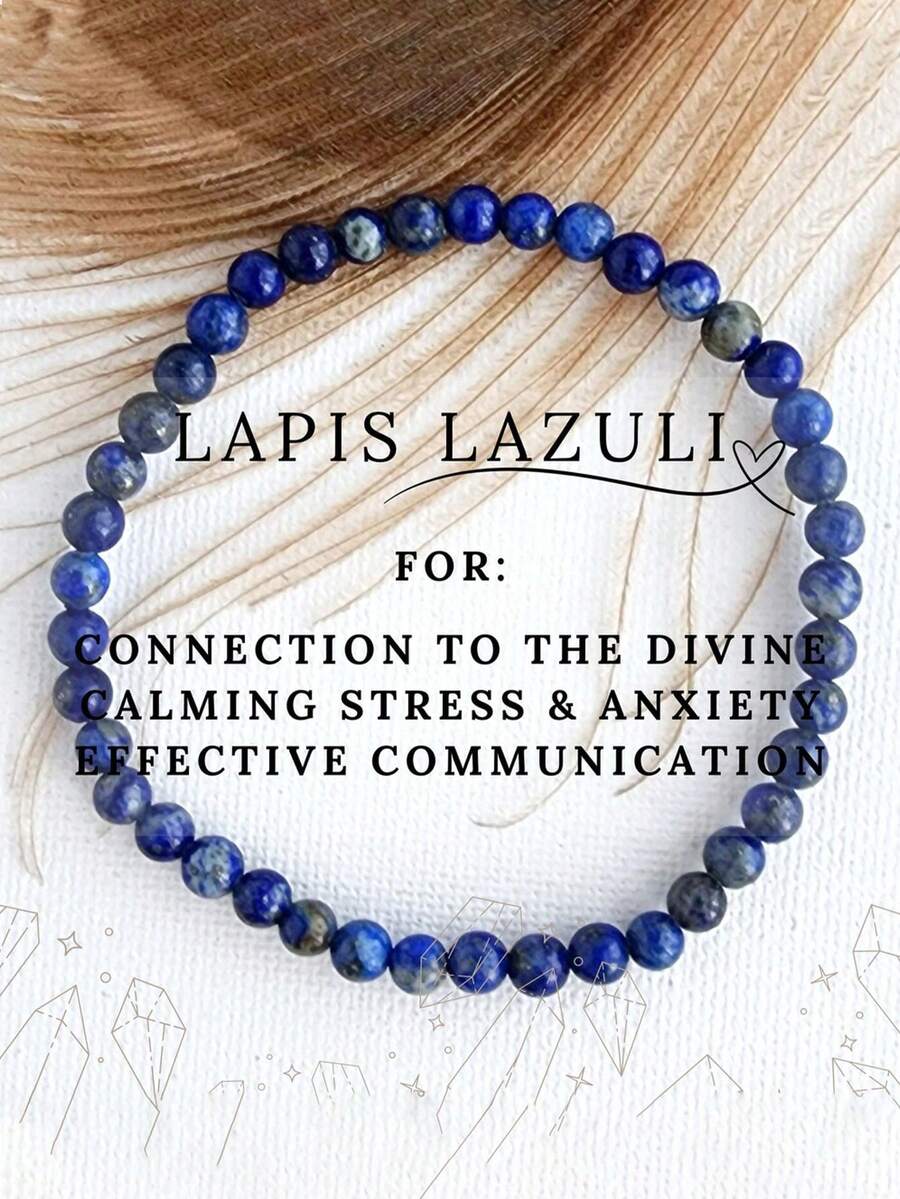 4毫米青金石手链，舒缓压力和焦虑，疗愈水晶灵气能量饰品。沟通之石，蓝色宝石 - 藍色 - 查看 1