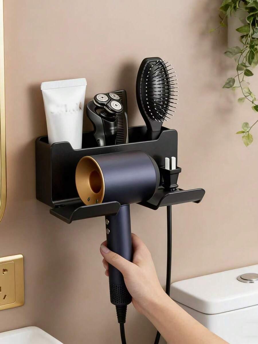 Wall Mounted Hair Dryer Holder Rack, Bathroom Hairdryer Storage Organizer Shelf Without Drilling