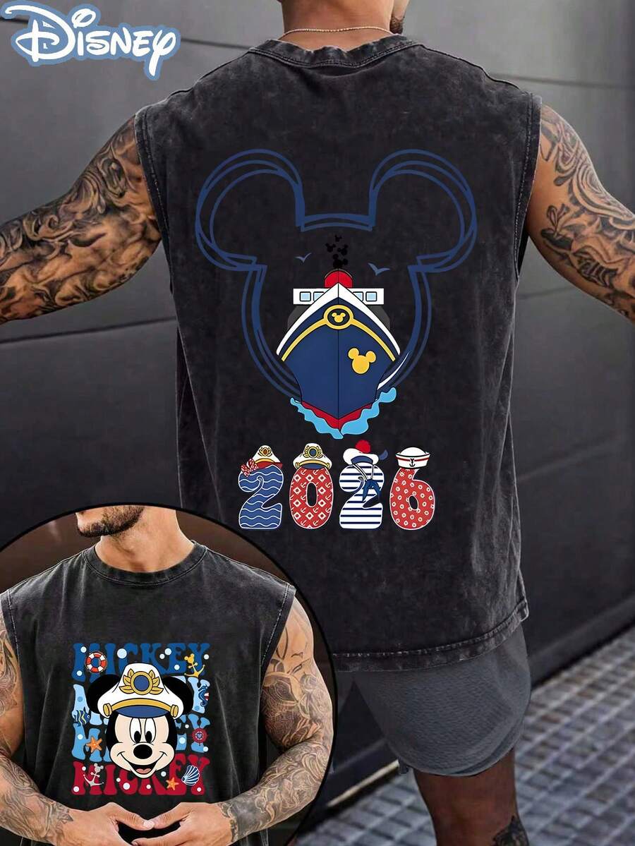 Disney Official Licensed Disney Cruise 2026 Unisex Acid Wash Sleeveless T-Shirt, Mickey Cruise 2026 Graphic Tank Top, 230g Heavyweight Cotton Blend, Casual Vacation Top, Breathable Summer Wear - 黑色 - 查看 1