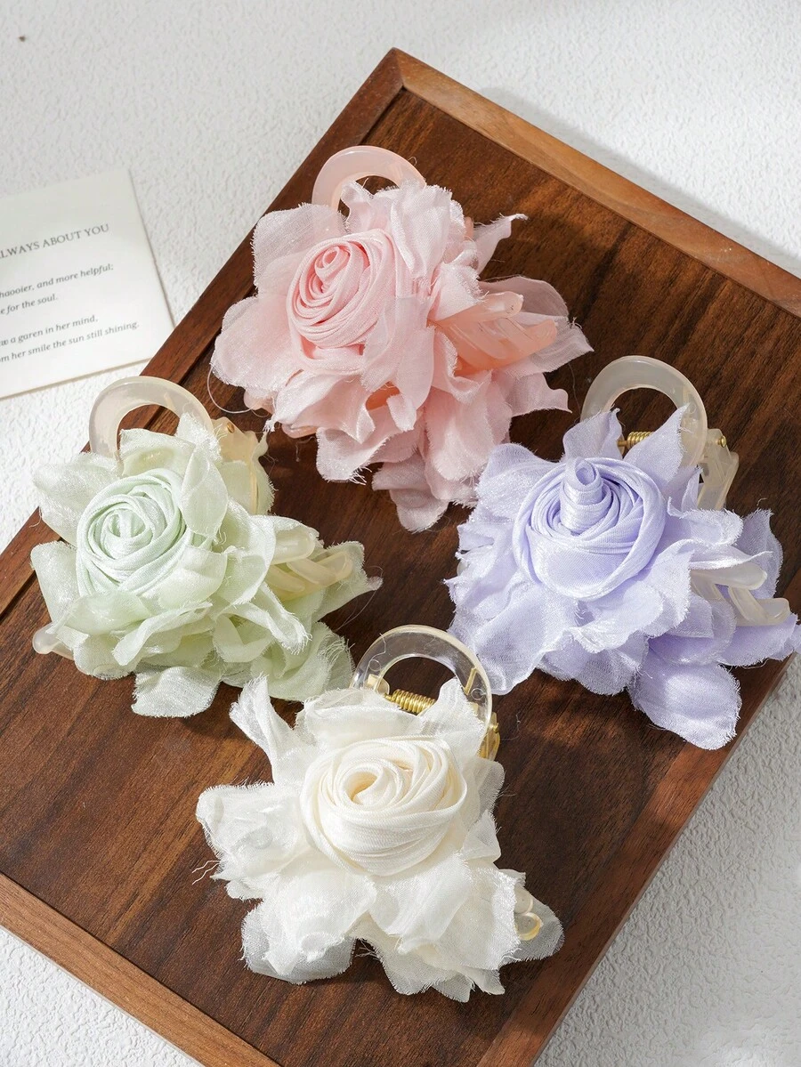1 Peça Grampo de Cabelo Grande com Flor de Rosa Falsa, Estilo Princesa Doce e Elegante, Versátil, Adequado para Fixar Penteados Meio Presos, Ideal para Passeios na Primavera, Piqueniques, Sessões de Fotos, Encontros, Festivais, Festas - Multicolorido - Visão 1