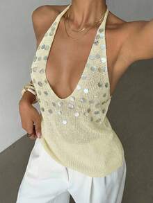 Just Masa Summer Ladies Sexy Sequined Design Holiday Halter Halter Vest For Beach Vacation - Apricot - View 5
