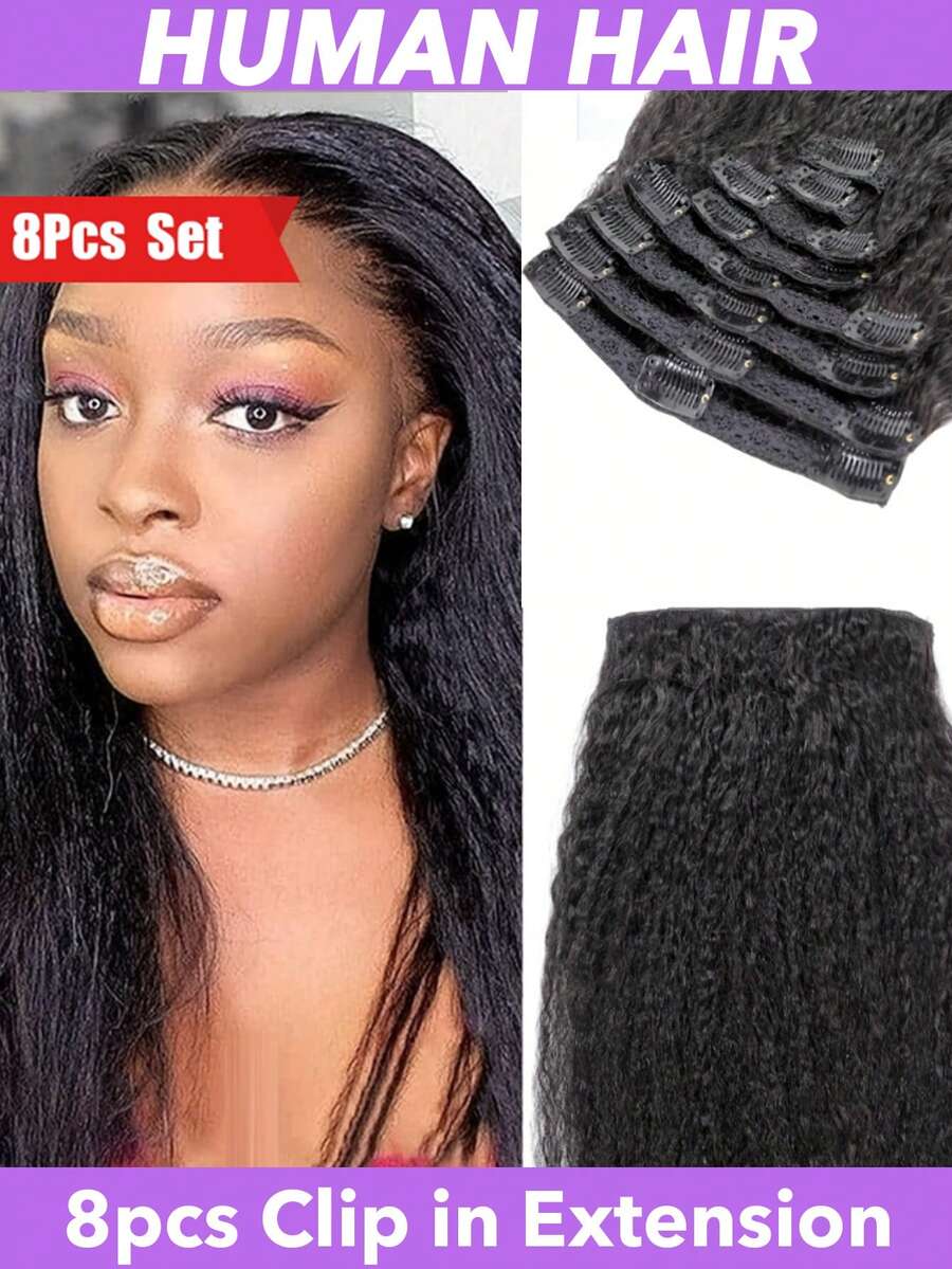 卷曲直发夹式接发，真人发，4C型真人发，20英寸，8片装；卷曲直发夹式接发，真人发，全头夹式接发，女士适用；Yaki直发夹式接发，Remy真人发，自然黑色，8片装，18个夹子，长度可选8-20、22、24、26、28英寸 - Natural Black - 查看 1